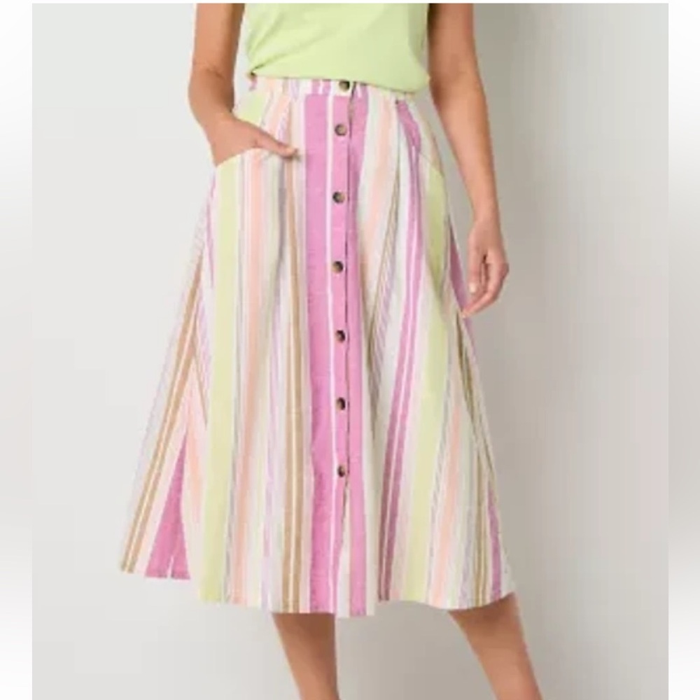 St Johnโs Bay Linen Striped Button-Front Midi Skirt Sz.XLT NWT